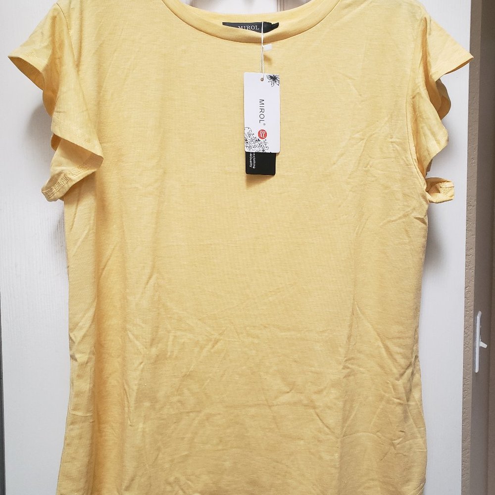 MIROL Women's Butter Yellow Ruffle Cap Sleeve T Shirt